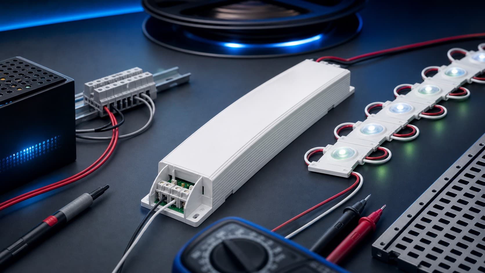 LED driver, signage modules, wiring, and multimeter arranged on an engineering workbench