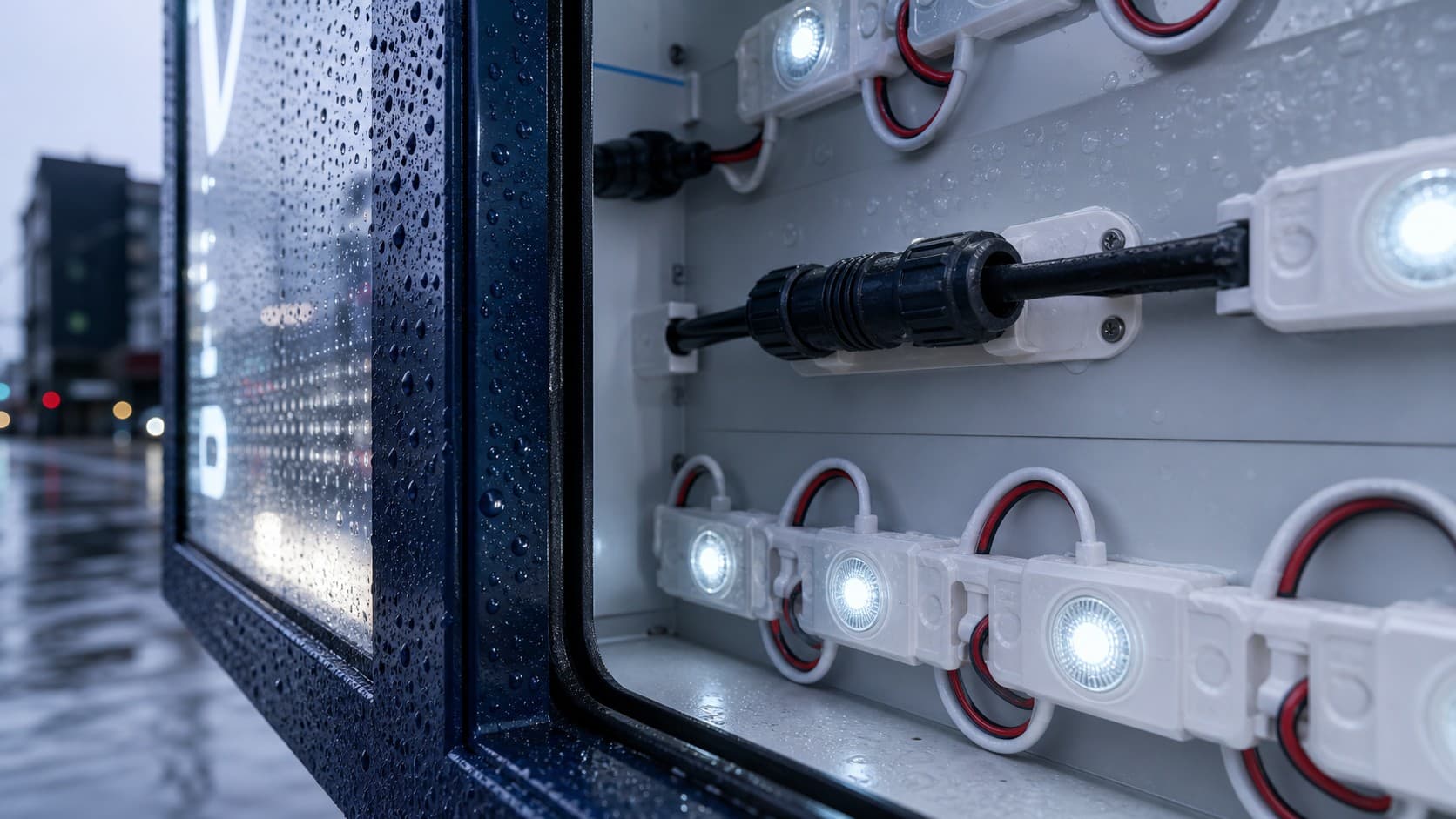 Outdoor sign cabinet with sealed LED modules and waterproof connectors after rain