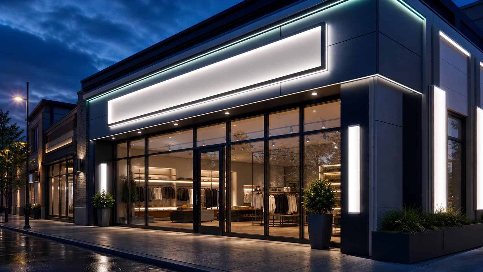 Modern retail storefront at dusk with illuminated signage and architectural light accents