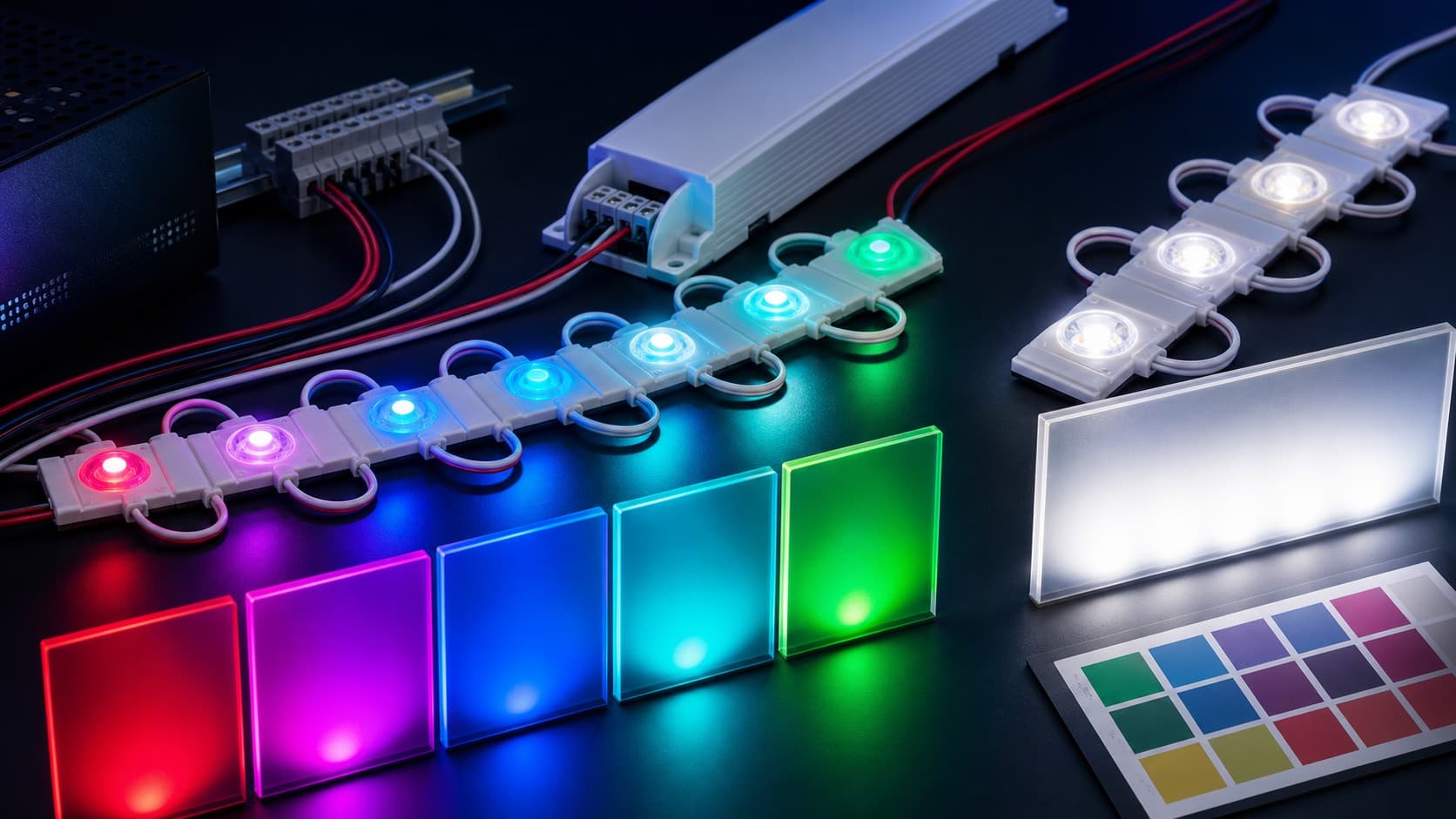 RGBW LED signage modules illuminating color samples and neutral white acrylic panels
