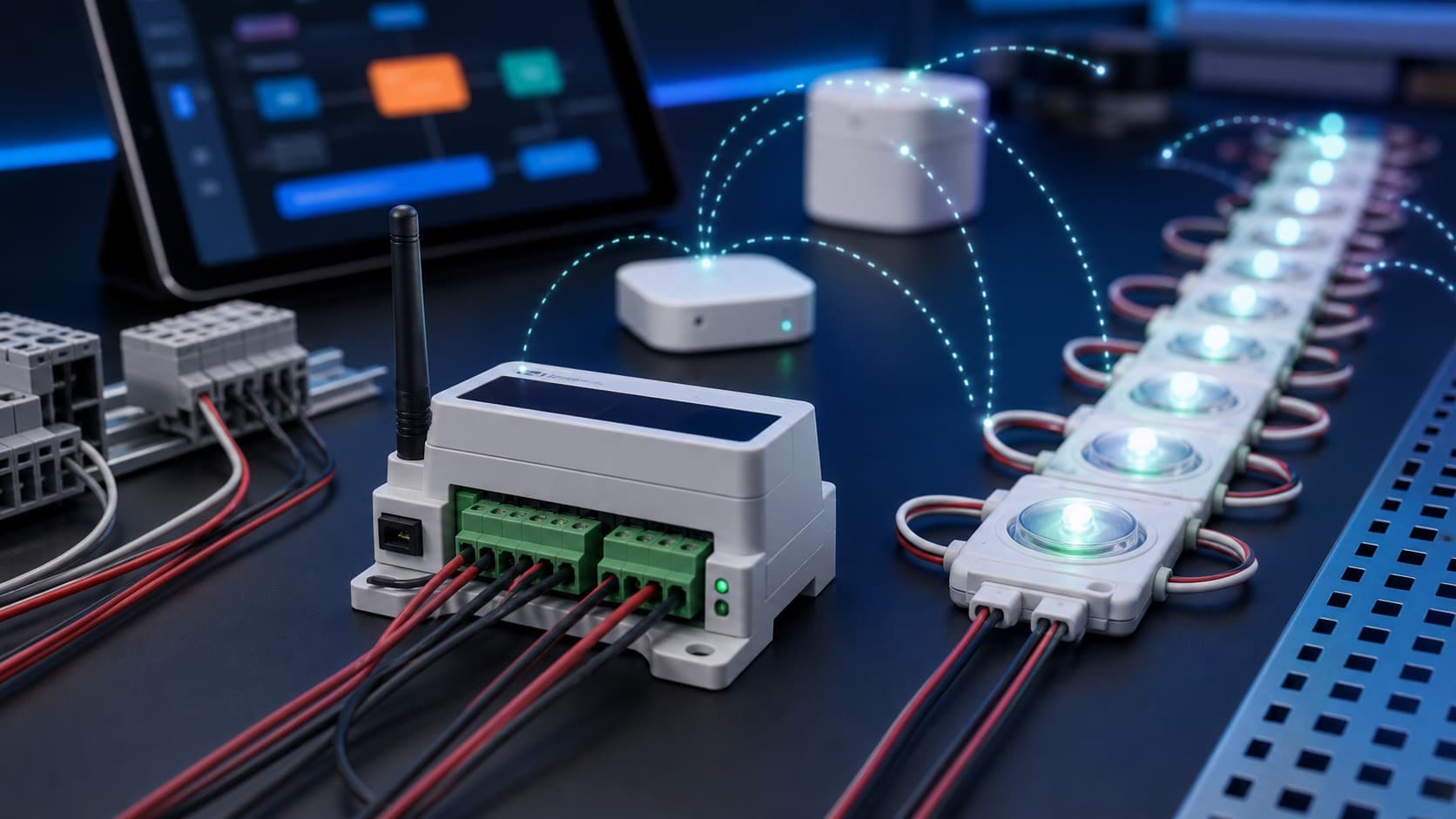 Wireless lighting controller connected to LED signage modules on a commissioning bench